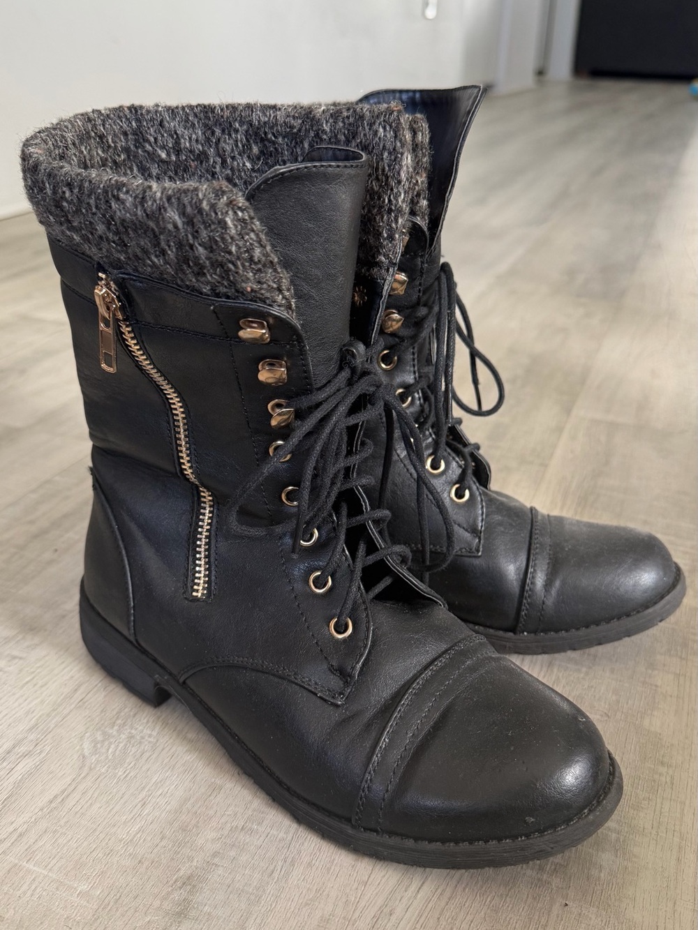 Women's Black Lace-Up Combat Boots with Knit Cuff